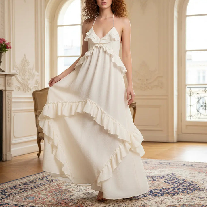 The Elara V Neck Backless Ruffle Layered Maxi Dress