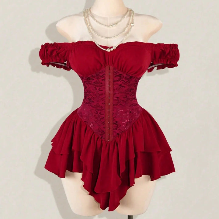 The Elara Off-Shoulder Corset Ruffle Mini Dress