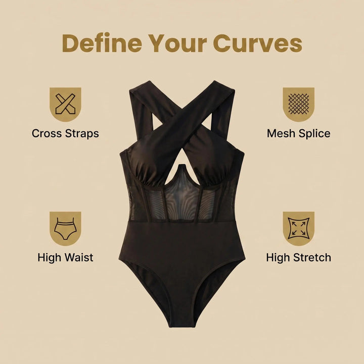 The Elara Mesh-Waist Cross-Halter Bodysuit