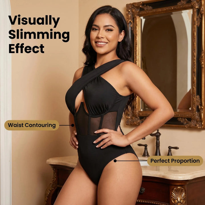 The Elara Mesh-Waist Cross-Halter Bodysuit