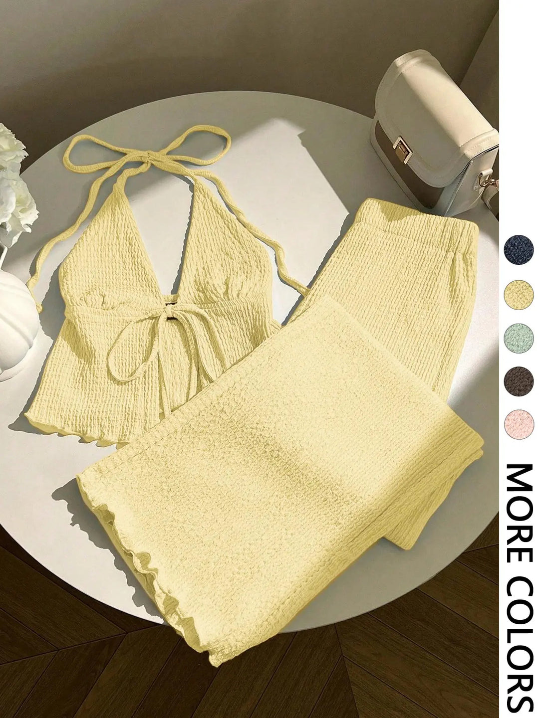 The Elara Crinkle Halter Wide-Leg Set