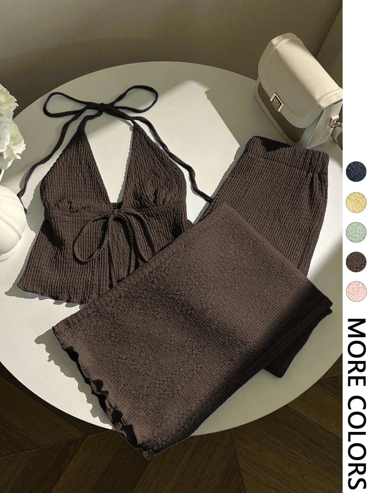 The Elara Crinkle Halter Wide-Leg Set