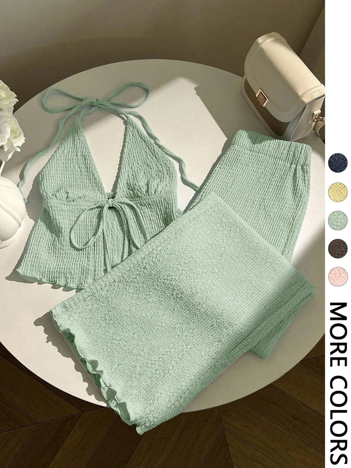 The Elara Crinkle Halter Wide-Leg Set
