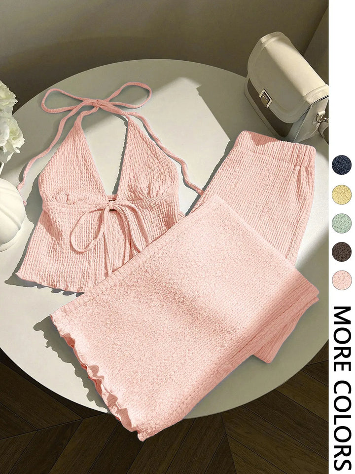 The Elara Crinkle Halter Wide-Leg Set