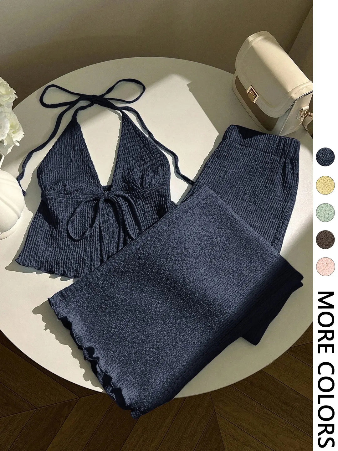 The Elara Crinkle Halter Wide-Leg Set