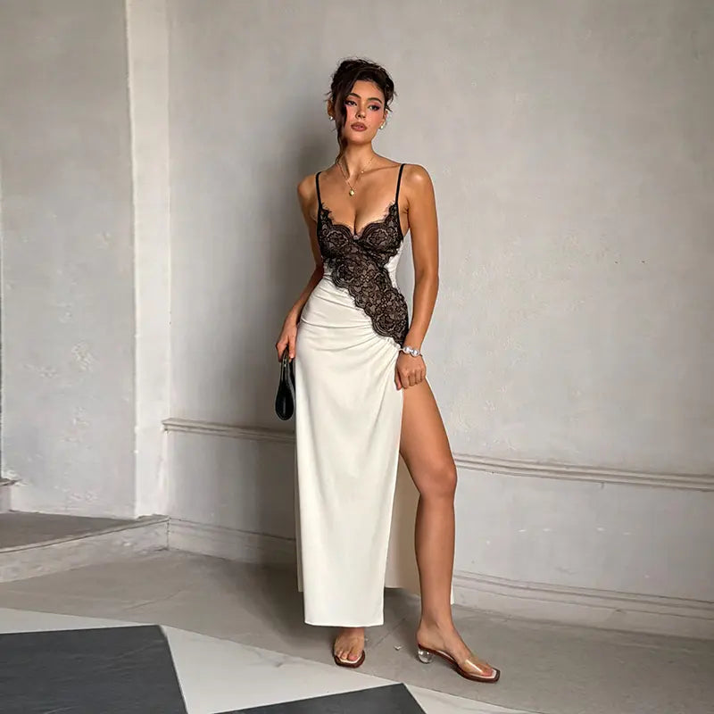 The Elara Lace Contrast Satin Maxi Dress