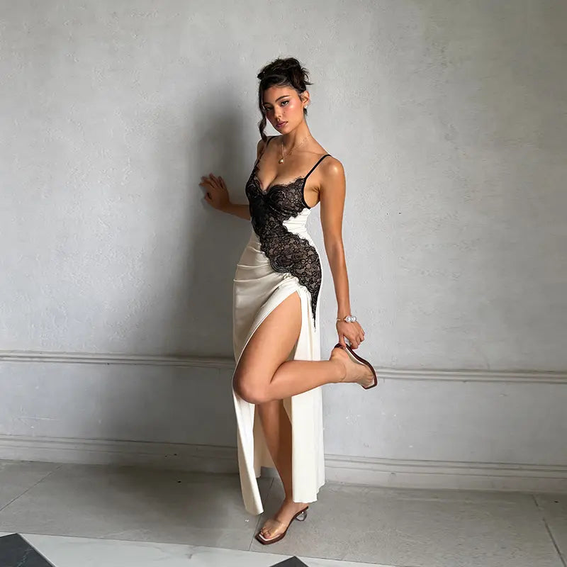 The Elara Lace Contrast Satin Maxi Dress