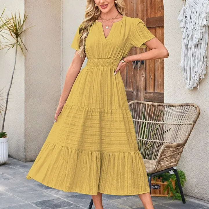 The Elara V-Neck Smocked Waist Tiered Maxi Dress