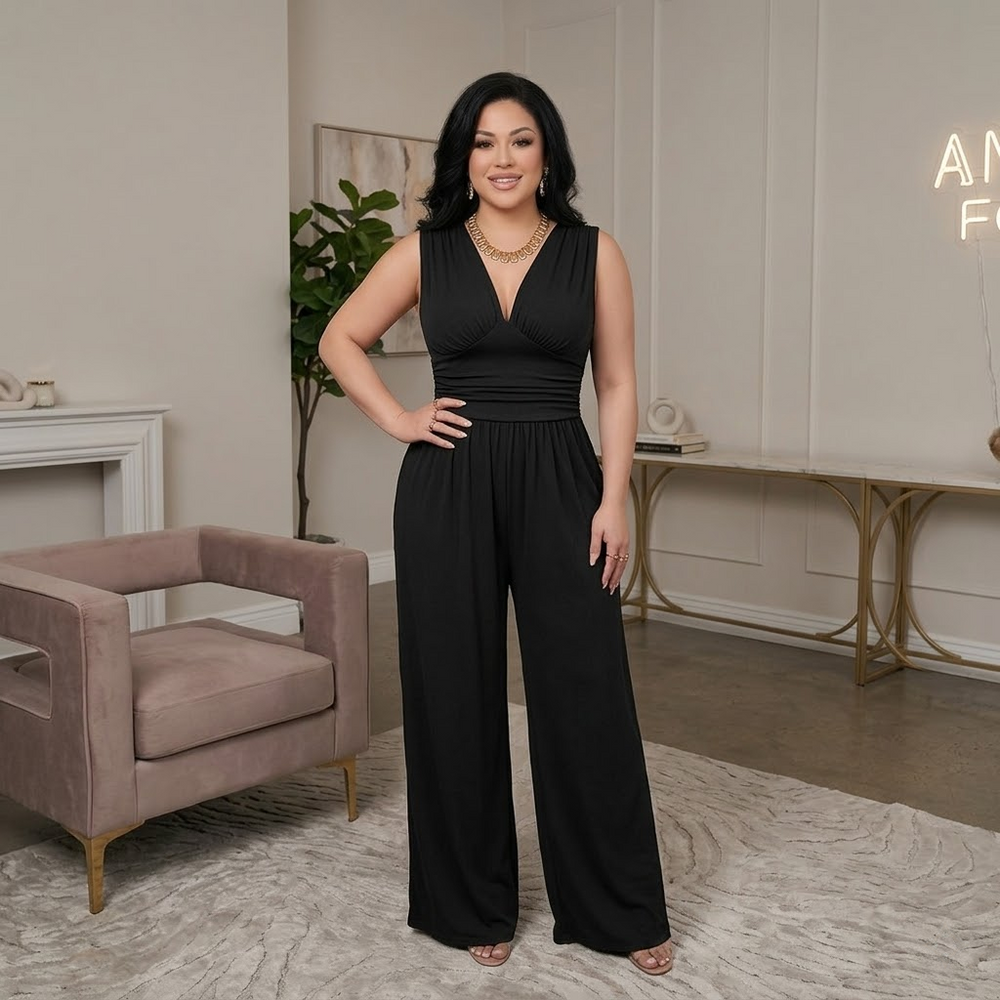 The Elara Minimalist Plunge Wide-Leg Jumpsuit