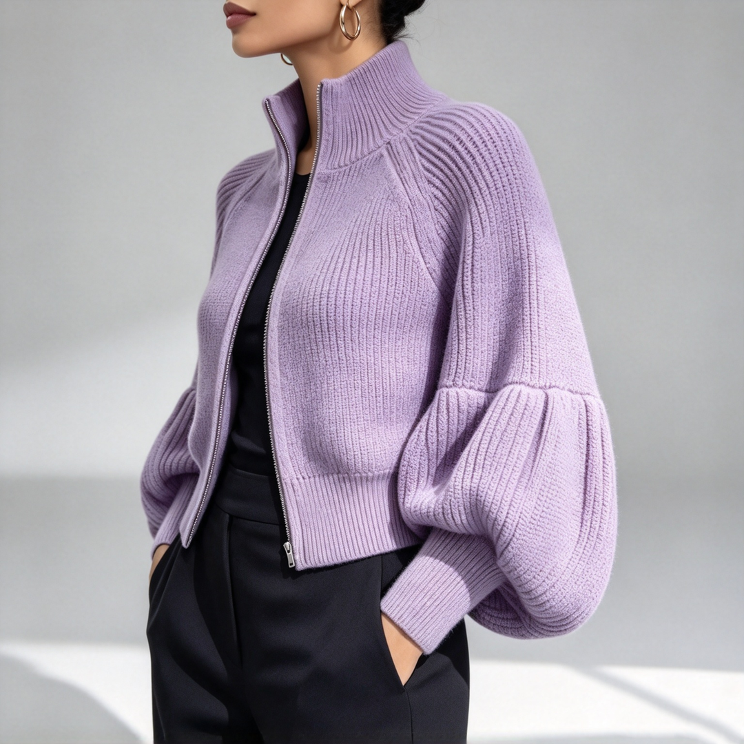 The Elara Balloon-Sleeve Zip Knit Cardigan