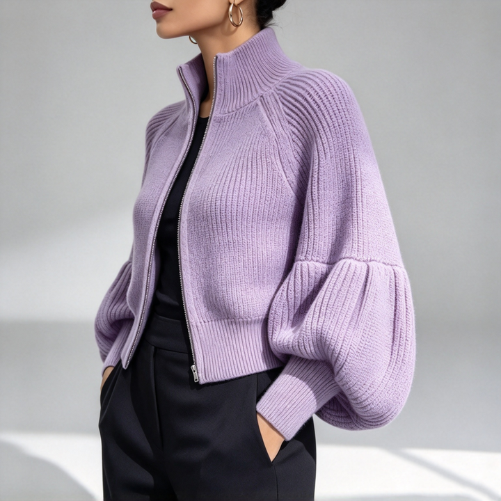 The Elara Balloon-Sleeve Zip Knit Cardigan