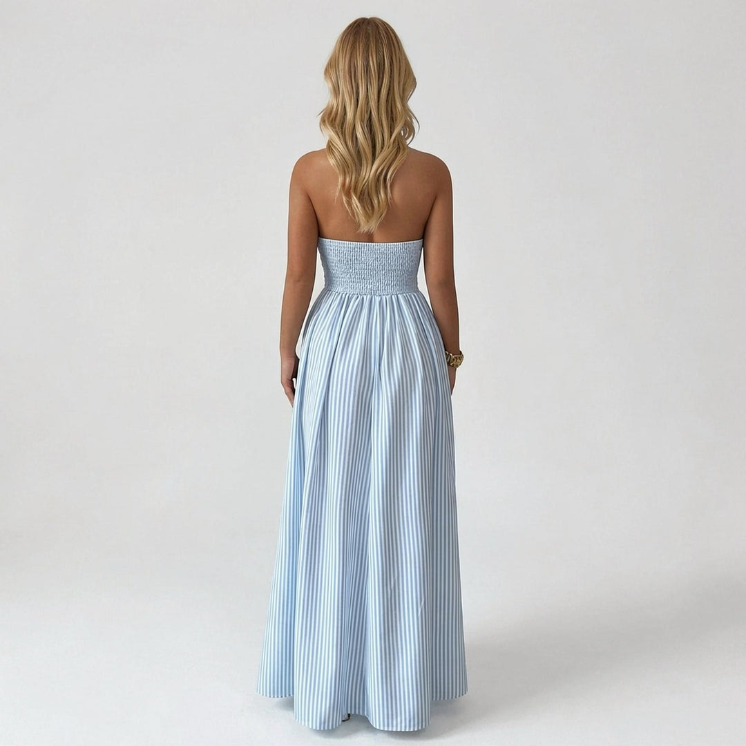 The Elara Pinstripe Deep V Halter Cutout Maxi Dress