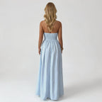 The Elara Pinstripe Deep V Halter Cutout Maxi Dress