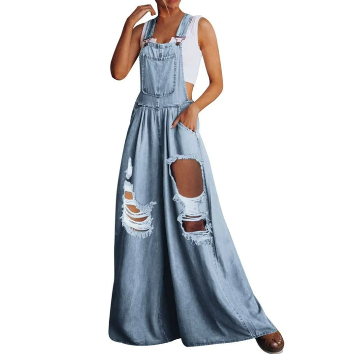 The Elara Distressed Wide-Leg Denim Overalls