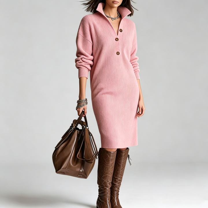 The Elara Button-Collar Ribbed Knit Midi Dress