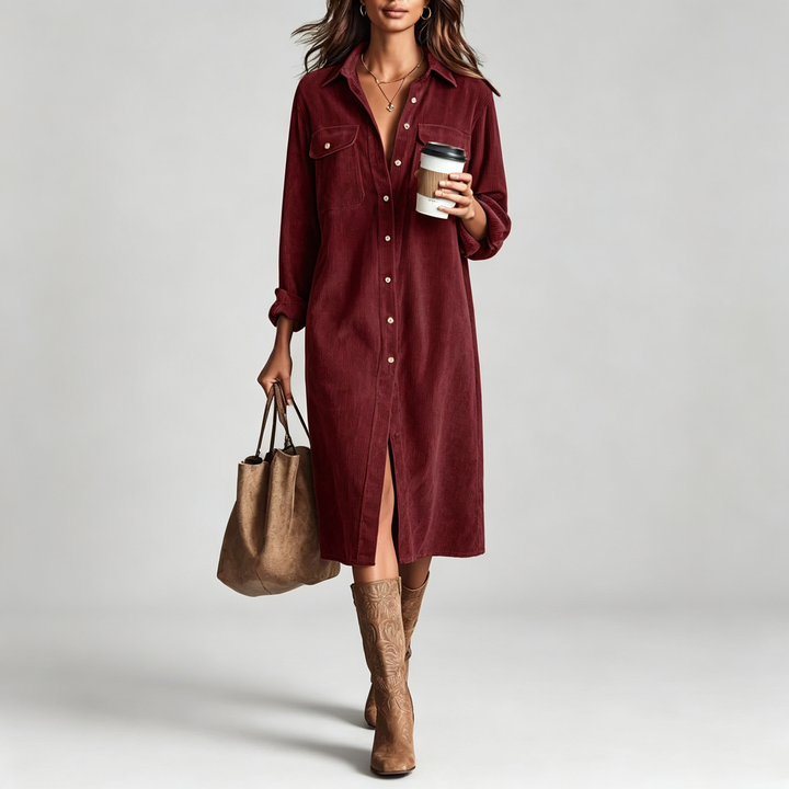 The Elara Corduroy Button-Down Midi Dress