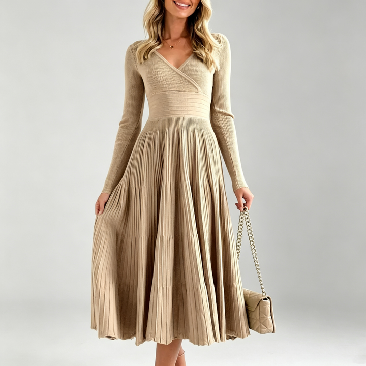 The Elara Wrap Pleated Knit Midi Dress