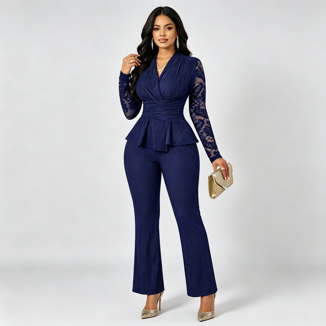 The Elara Lace-Sleeve Peplum Flare Pant Set