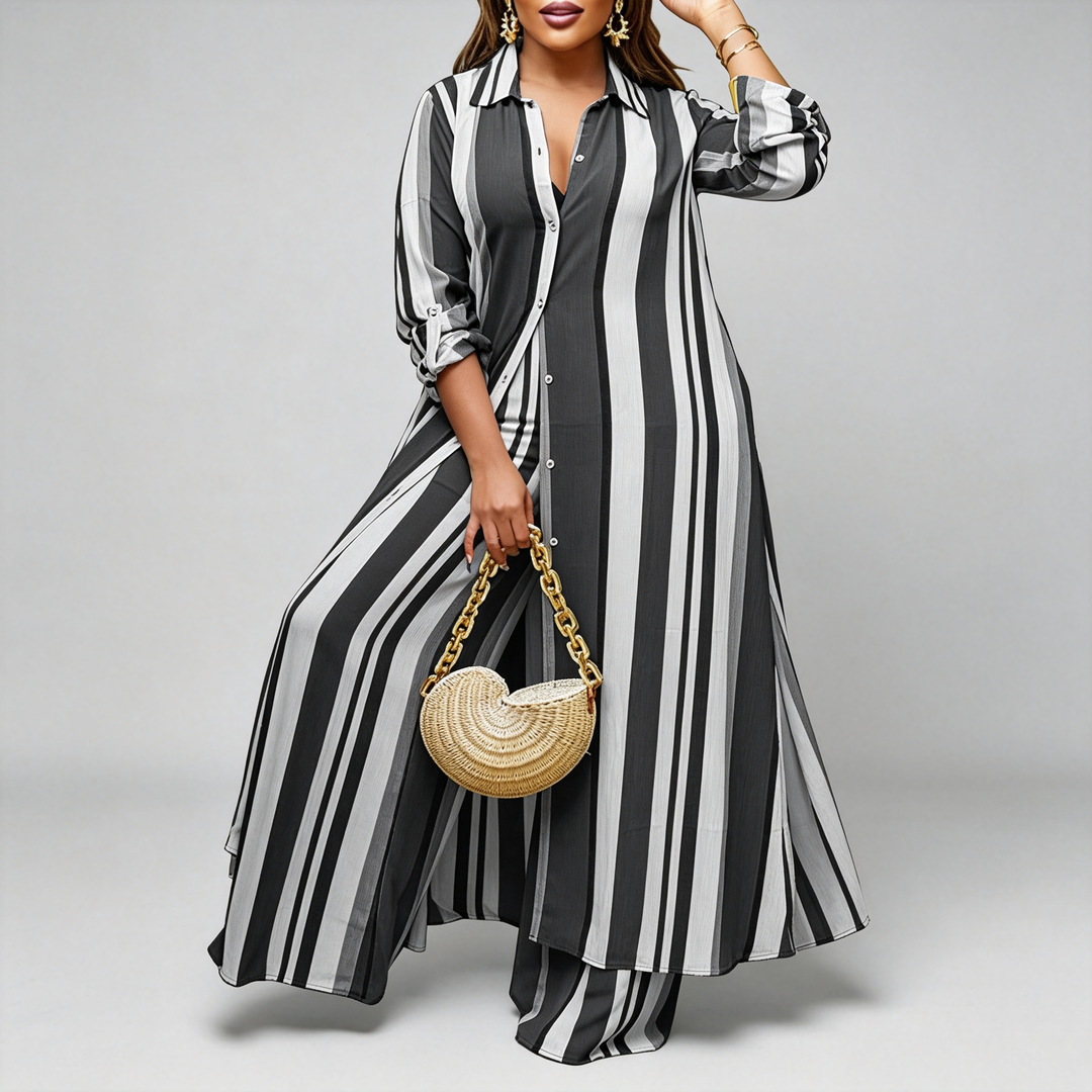 The Elara Plus Striped Shirt Wide-Leg Set