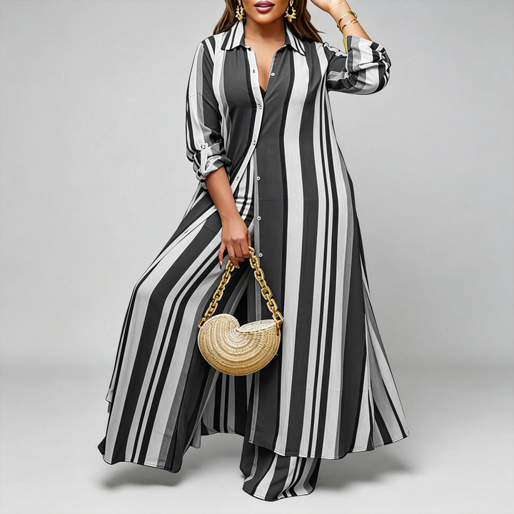 The Elara Plus Striped Shirt Wide-Leg Set