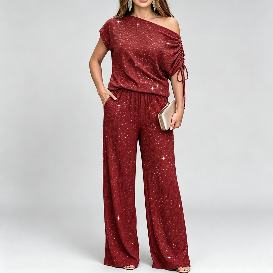 The Elara Sparkle Ruched One Shoulder Wide Leg Set