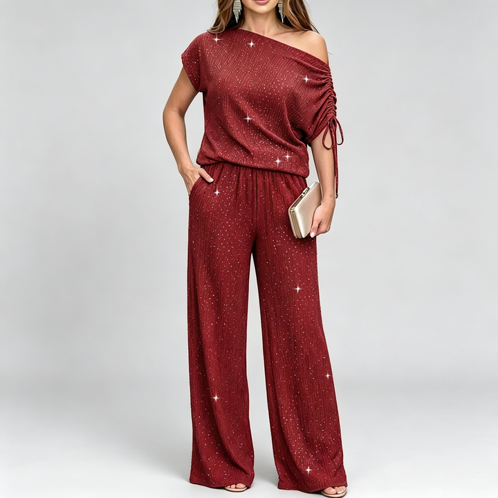 The Elara Sparkle Ruched One Shoulder Wide Leg Set