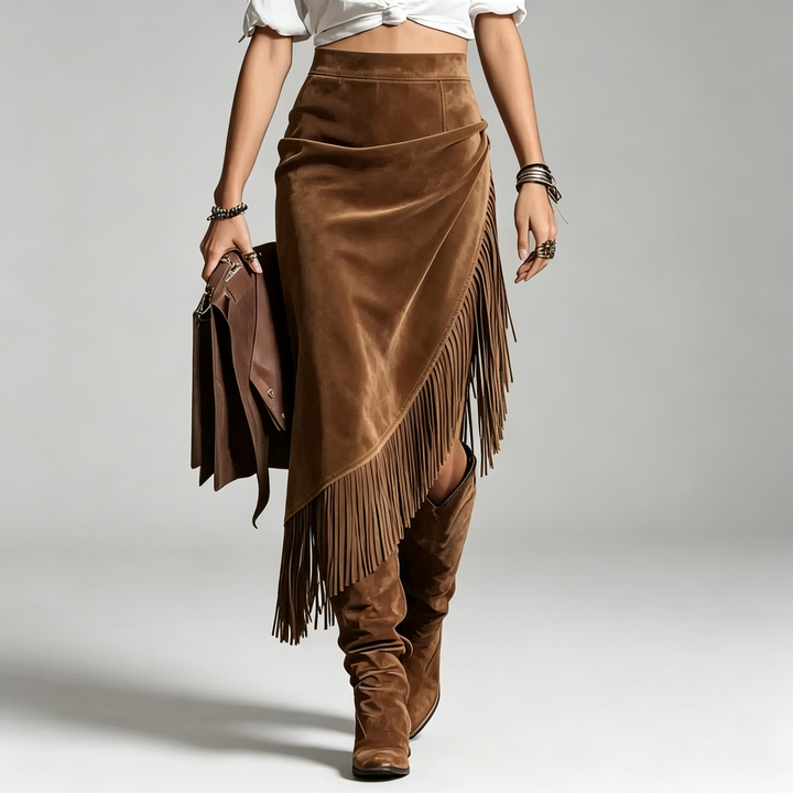 The Elara Western Fringe Faux Suede Midi Skirt