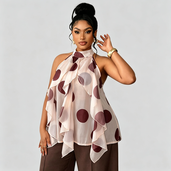 The Elara Polka Dot Ruffle Choker Blouse