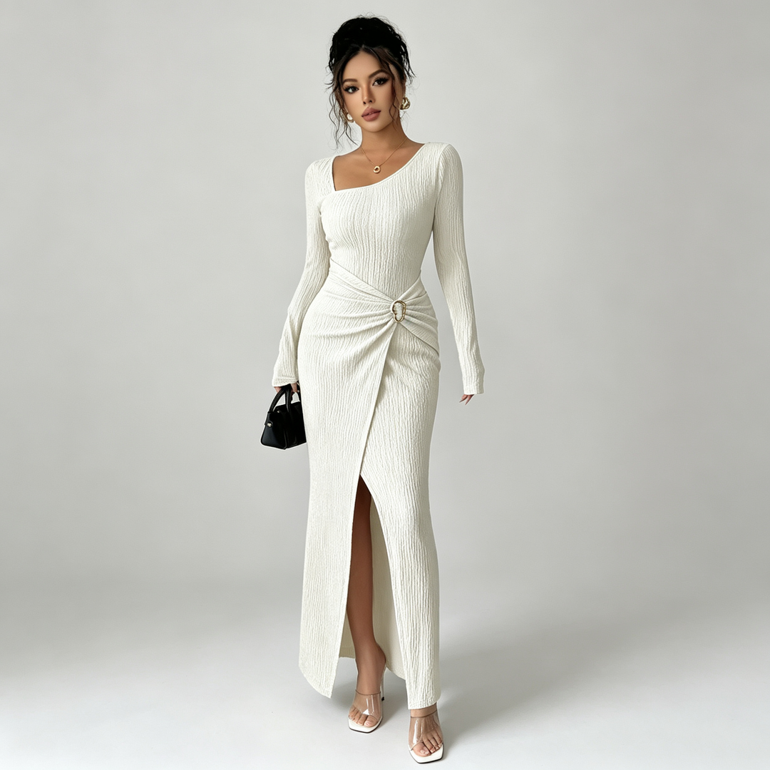 The Elara Asymmetric Buckle Wrap Maxi Dress