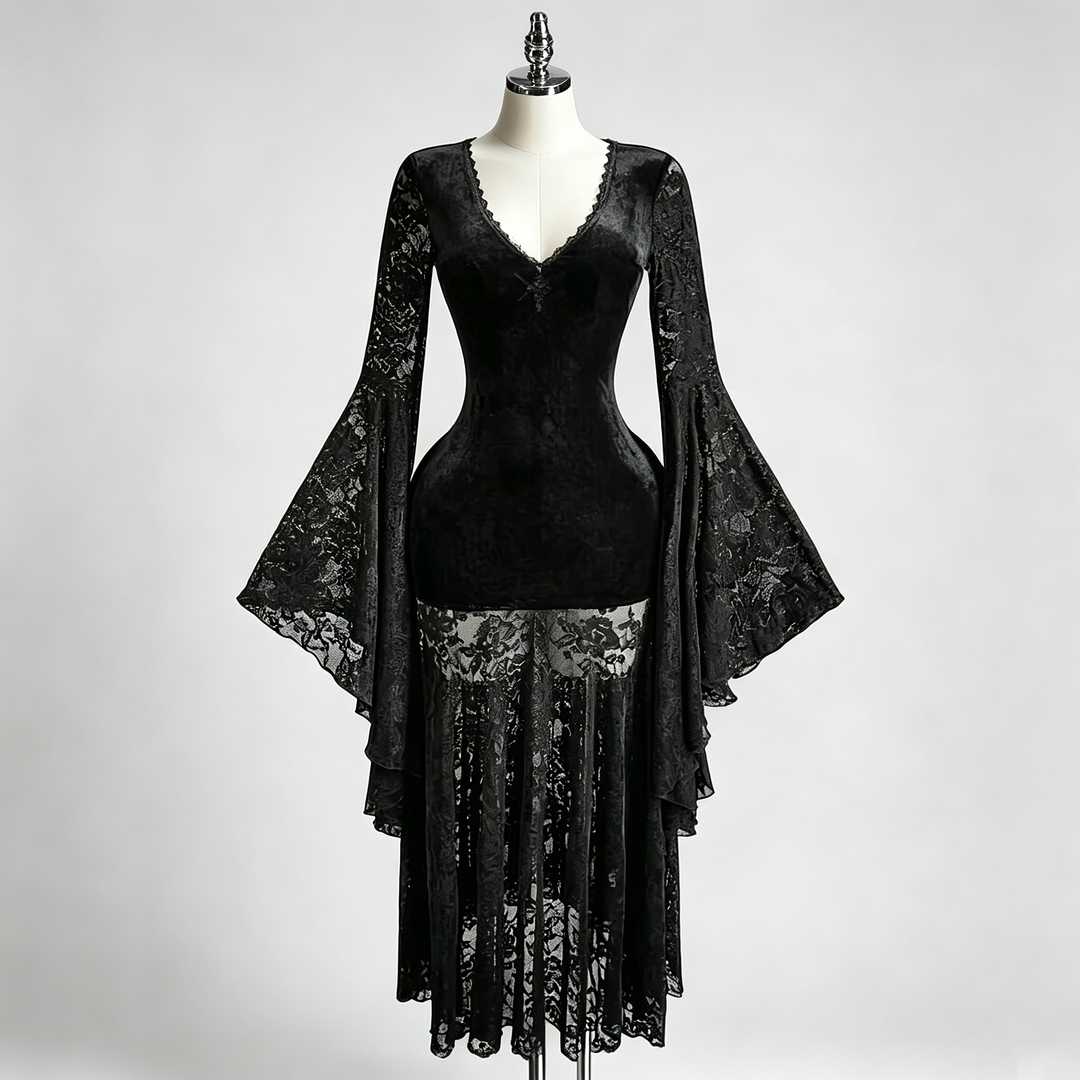 The Elara Velvet Lace Bell-Sleeve Gothic Dress