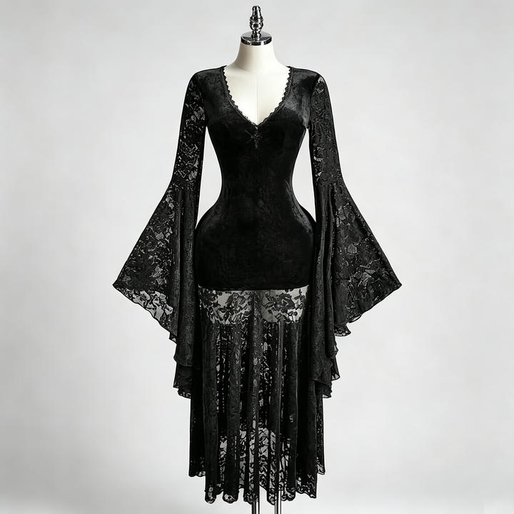 The Elara Velvet Lace Bell-Sleeve Gothic Dress