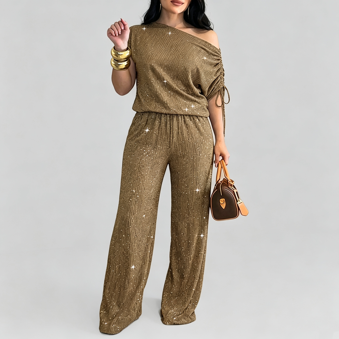 The Elara Sparkle Ruched One Shoulder Wide Leg Set