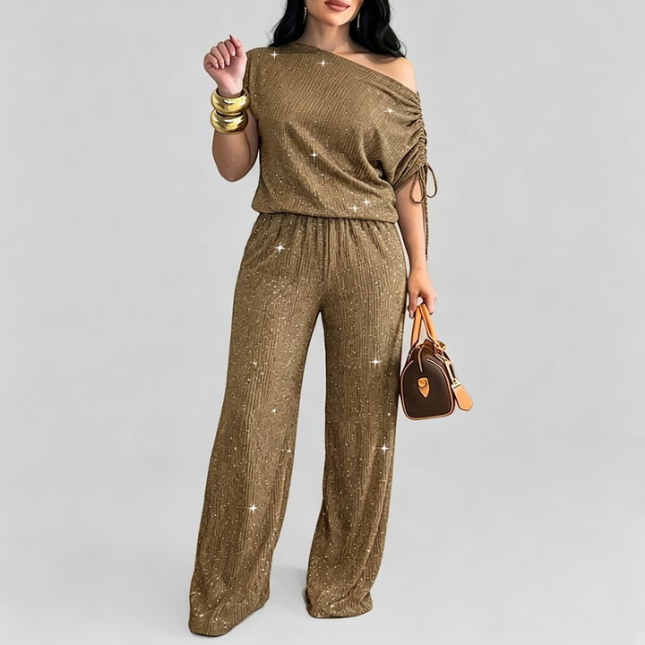 The Elara Sparkle Ruched One Shoulder Wide Leg Set