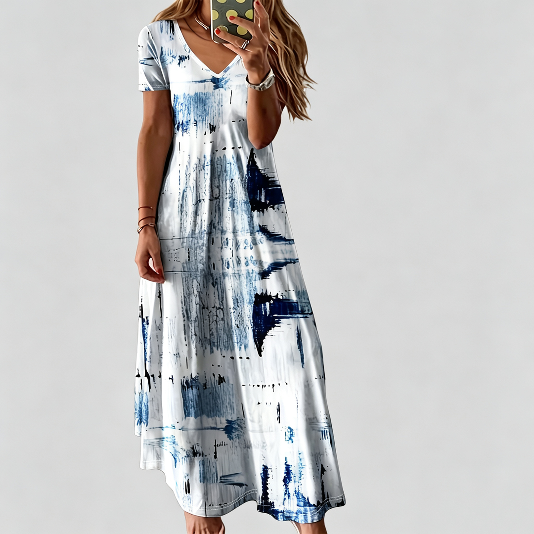 The Elara Abstract Brushstroke V-Neck Maxi Dress