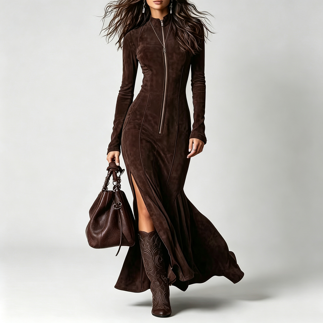 The Elara Suede Belted Zip Maxi Dress