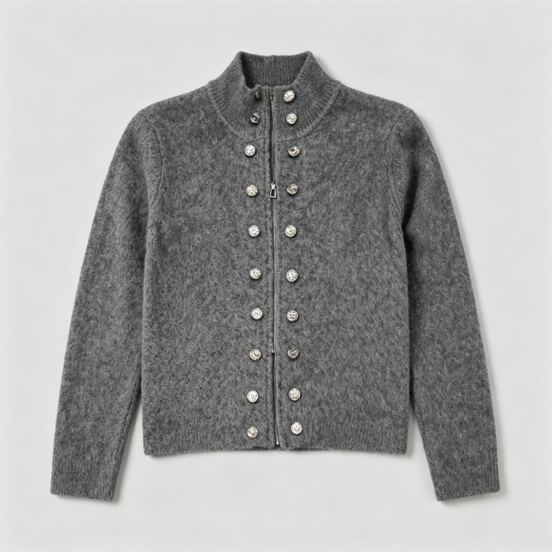The Elara High-Neck Button Chenille Cardigan