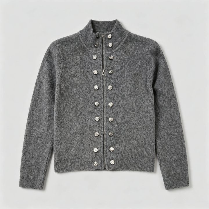 The Elara High-Neck Button Chenille Cardigan