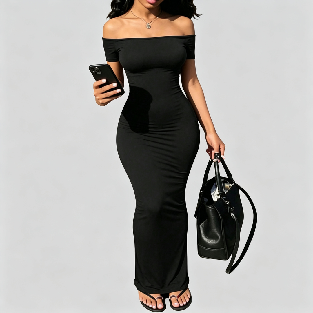 The Elara Off-Shoulder Sculpt Maxi Dress