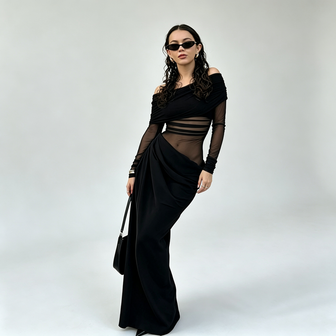 The Elara Off-Shoulder Mesh Maxi