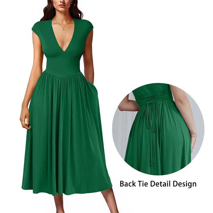 The Elara Padded-Shoulder Tie-Back Midi Dress