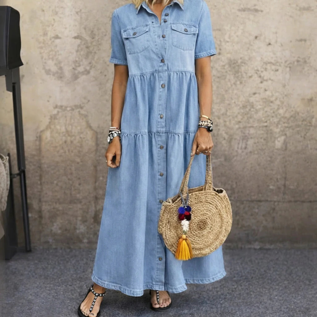 The Elara Button-Down Denim Midi Dress