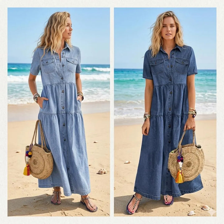 The Elara Button-Down Denim Midi Dress
