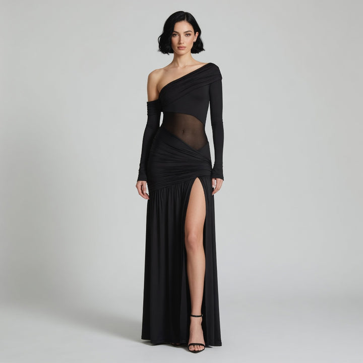 The Elara One-Shoulder Mesh Ruched Slit Maxi Dress