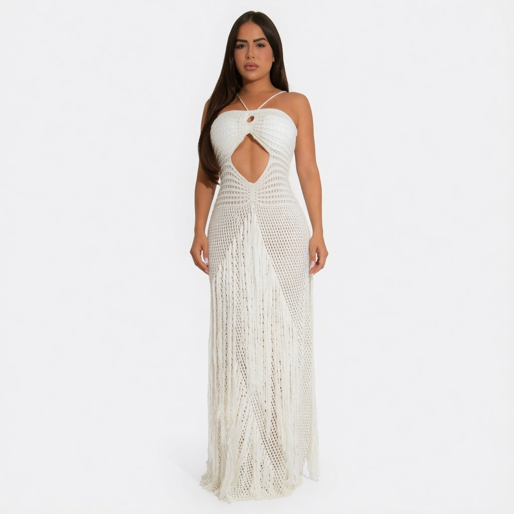 The Elara Boho Fringe Cutout  Crochet  Maxi Dress