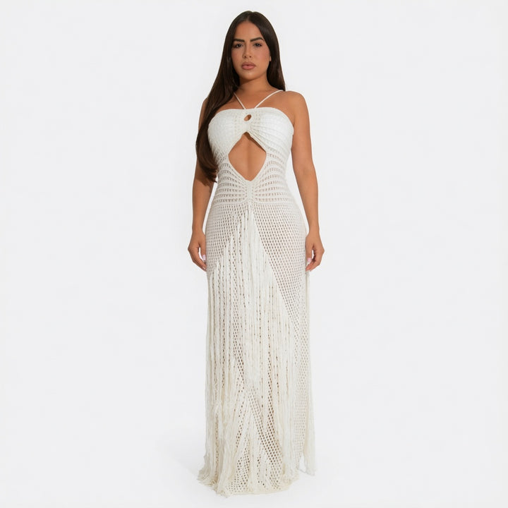 The Elara Boho Fringe Cutout  Crochet  Maxi Dress