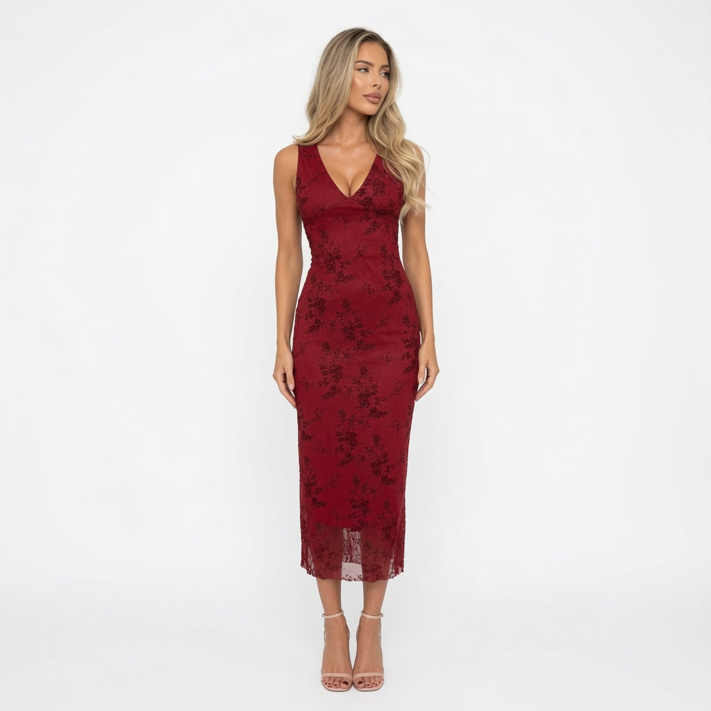 The Elara Floral Velvet Plunge A-Line Dress