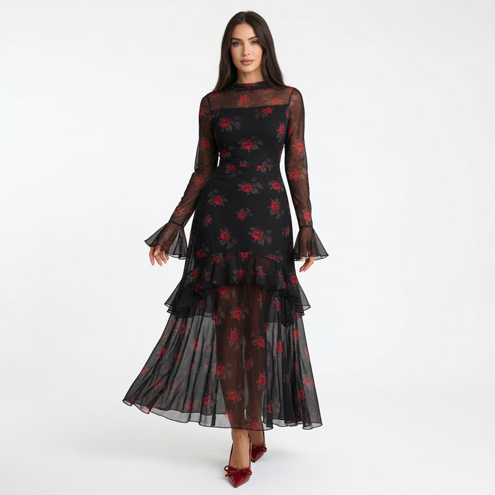 The Elara Sheer Mesh Tiered Ruffle Maxi Dress