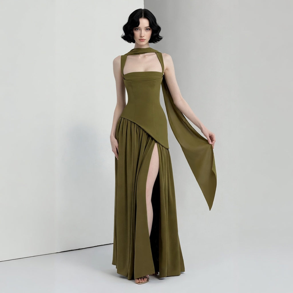The Elara One-Shoulder Draped Corset Slit Maxi Dress