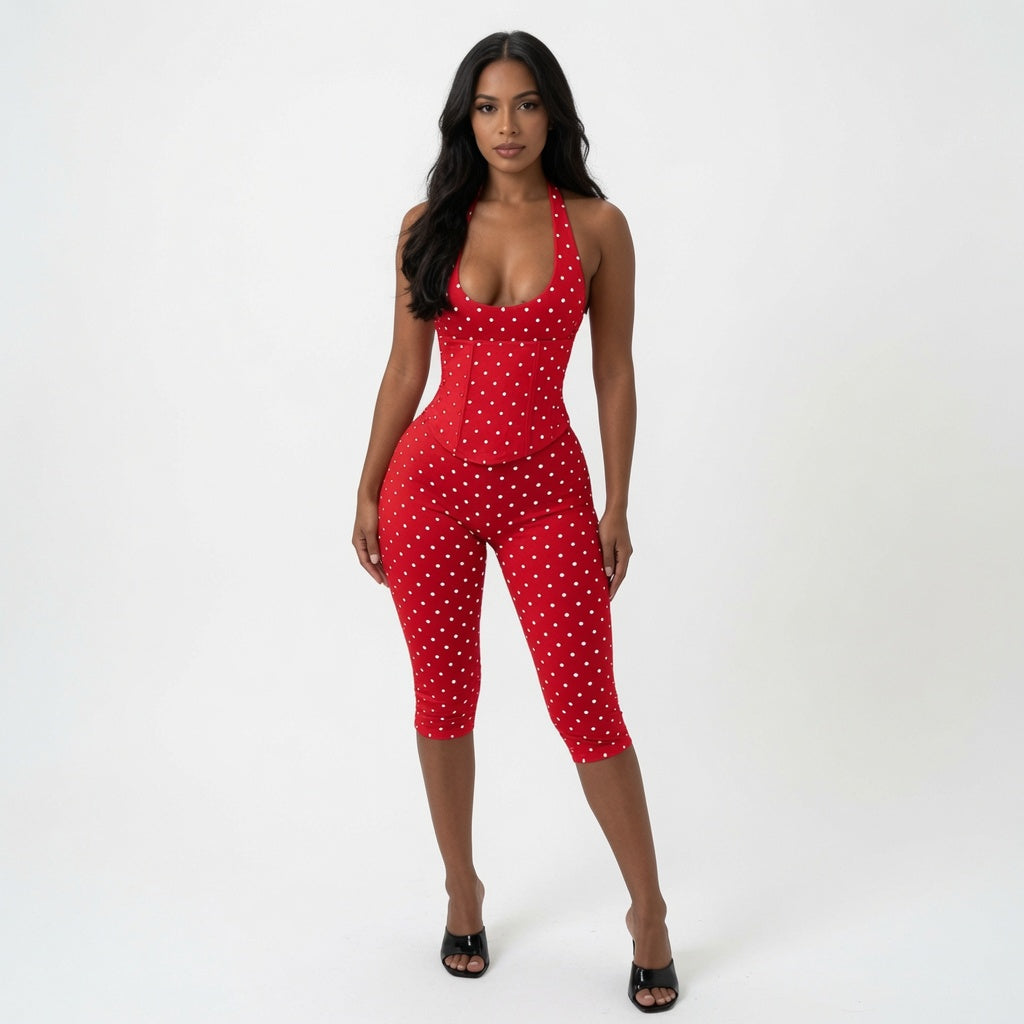 The Elara Polka Dot Fishbone Corset Capri Set