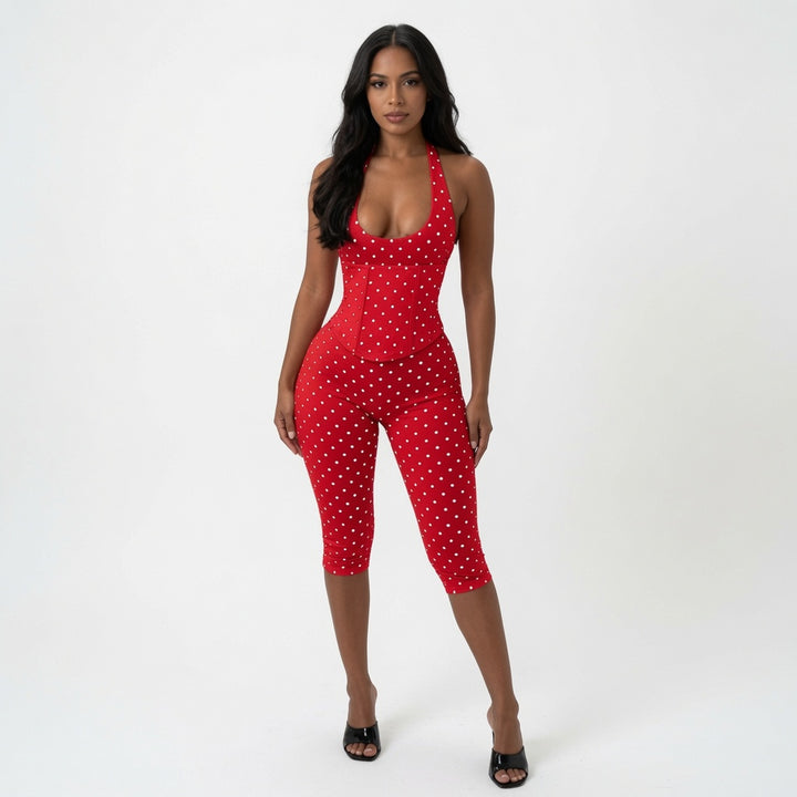 The Elara Polka Dot Fishbone Corset Capri Set